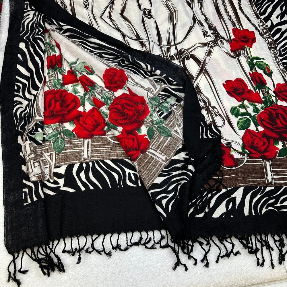 Dana Xu 100% Wool Pashmina Oversized Fringed Shawl Equestrian Roses Zebra 92 in - Picture 2 of 8